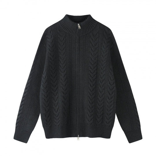 Damen Grobgestrickter Zopfstrick-Cardigan mit durchgehendem Reißverschluss und Stehkragen Nord Taschen
