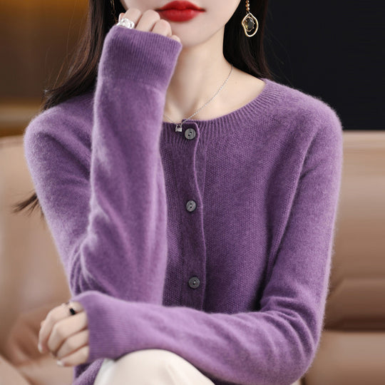 Damen Kurzgeschnittener Feinstrick-Cardigan mit Rundhalsausschnitt und schimmernder Knopfleiste Nord Taschen