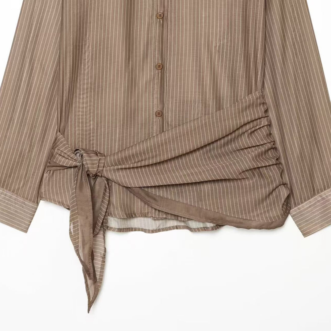 Damen Nadelstreifen-Seidenoptik-Bluse mit seitlicher Knotendetail Nord Taschen