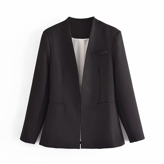 Damen Taillierter Blazer ohne Revers mit offener Front und Paspeltaschen Nord Taschen