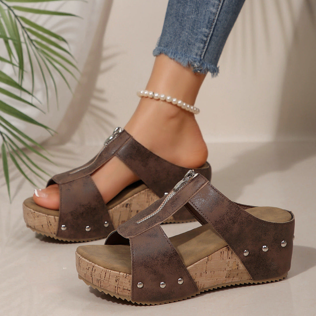 Damen Komfortable Keil-Sandalen mit Reißverschluss und Ziersteinchen