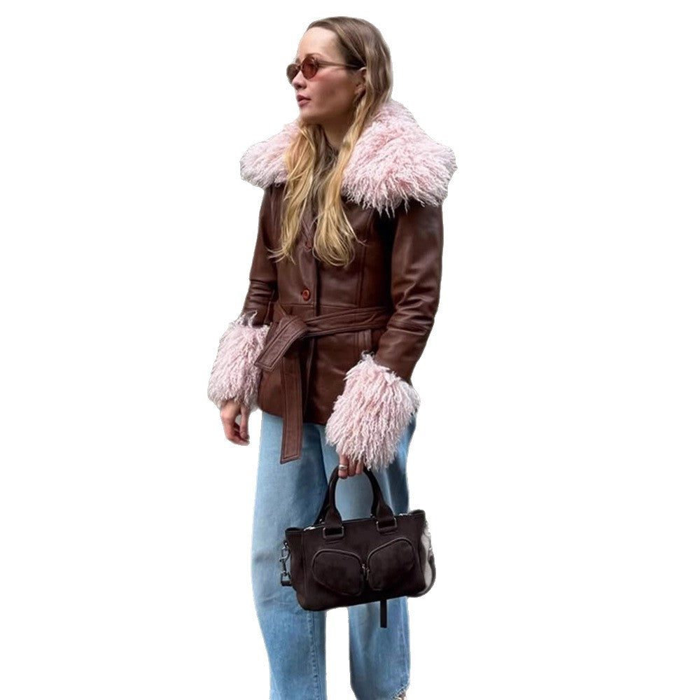 Damen Taillierte Lederimitatjacke mit Bindegürtel, opulentem abnehmbarem Faux-Fur-Schalkragen und Fellmanschetten Nord Taschen