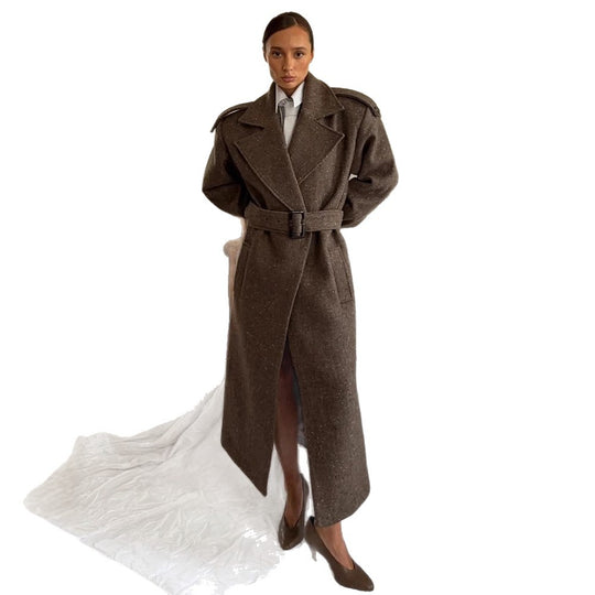 Damen Maxilanger Woll-Cocoon-Mantel mit betonter Schulterpartie und Taillengürtel Nord Taschen