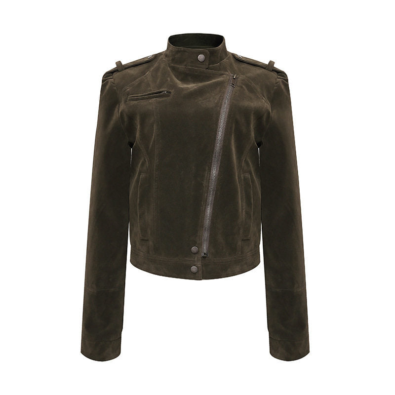 Damen Kurze Veloursleder-Bikerjacke mit asymmetrischem Reißverschluss und Stehkragen Nord Taschen