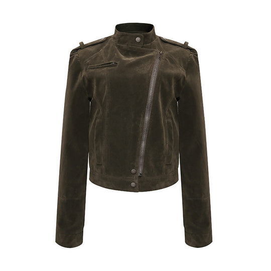 Damen Kurze Veloursleder-Bikerjacke mit asymmetrischem Reißverschluss und Stehkragen Nord Taschen