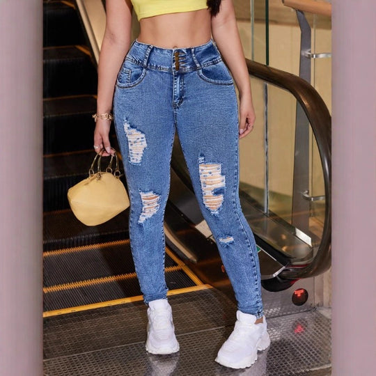 Damen Hochtaillierte formende Skinny-Jeans mit Destroyed-Rissen und dreifacher Knopfleiste Nord Taschen