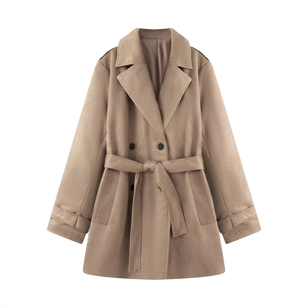 Damen Taillierter Wildlederoptik-Trenchcoat mit Bindegürtel und doppelreihiger Knopfleiste Nord Taschen