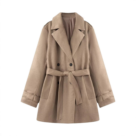 Damen Taillierter Wildlederoptik-Trenchcoat mit Bindegürtel und doppelreihiger Knopfleiste Nord Taschen
