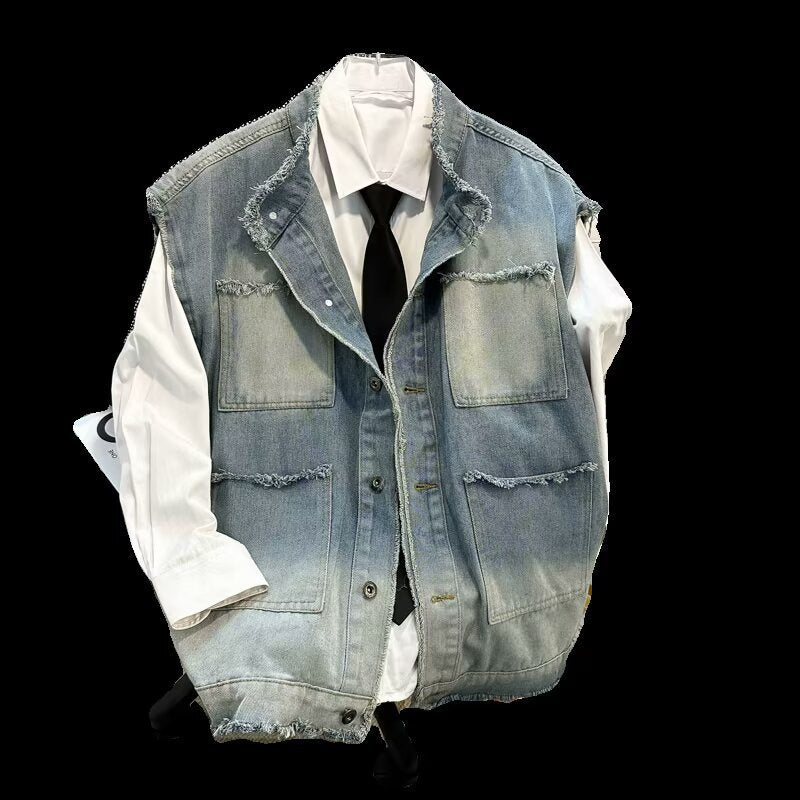Herren Ärmellose Denim‑Weste im Vintage‑Used‑Look mit ausgefranster Saumkante und Ombre‑Fading Nord Taschen