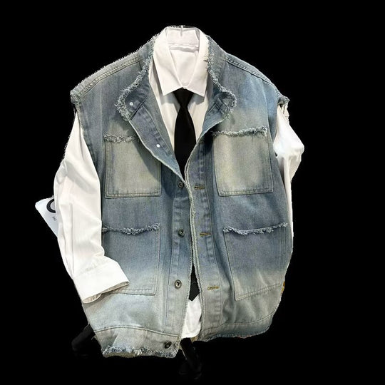 Herren Ärmellose Denim‑Weste im Vintage‑Used‑Look mit ausgefranster Saumkante und Ombre‑Fading Nord Taschen