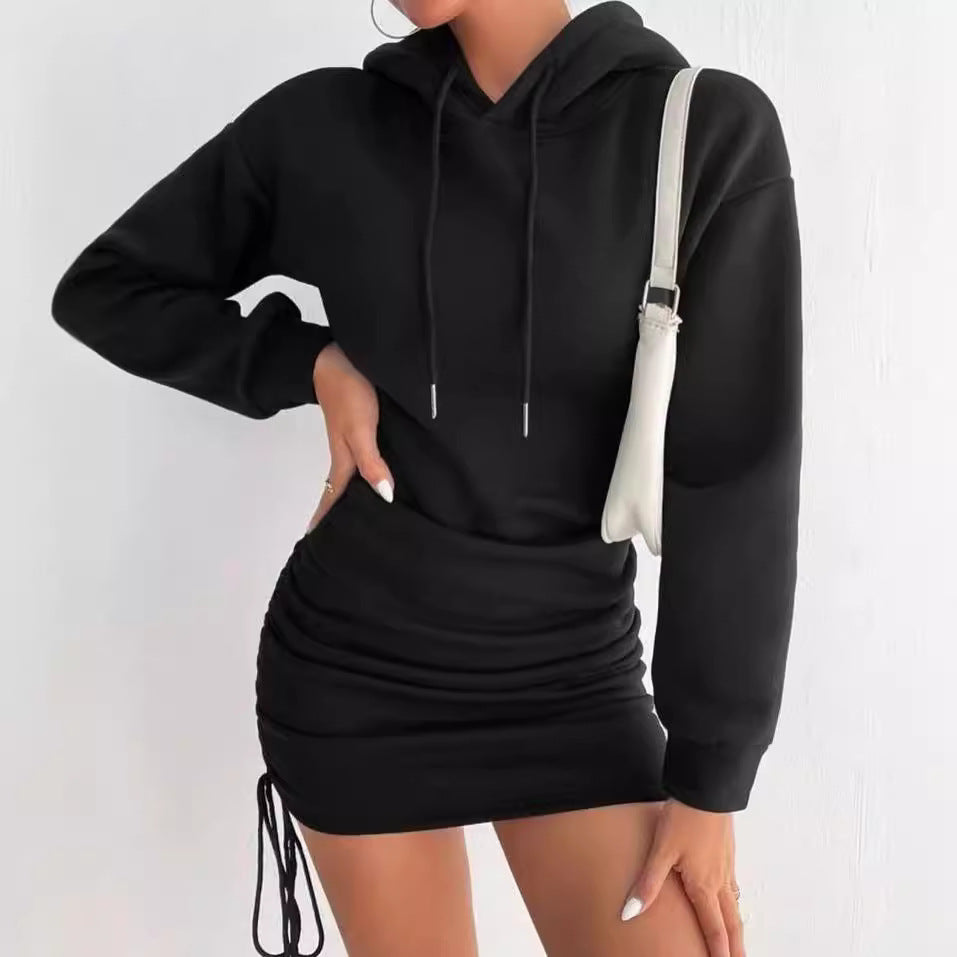 Damen Kapuzenkleid im Sweatshirt‑Stil mit gerafftem Minirock und Kordelzügen Nord Taschen