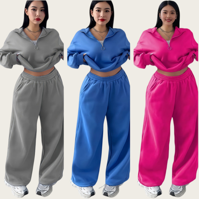 Damen Cropped Oversize-Sweatshirt mit halbem Reißverschluss und weite High-Waist Jogginghose Set Nord Taschen