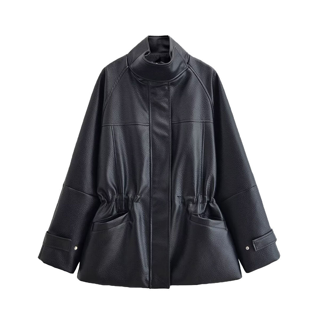 Damen Oversize Kunstlederjacke mit Stehkragen, Tunnelzug-Taille und aufgesetzten Taschen Nord Taschen