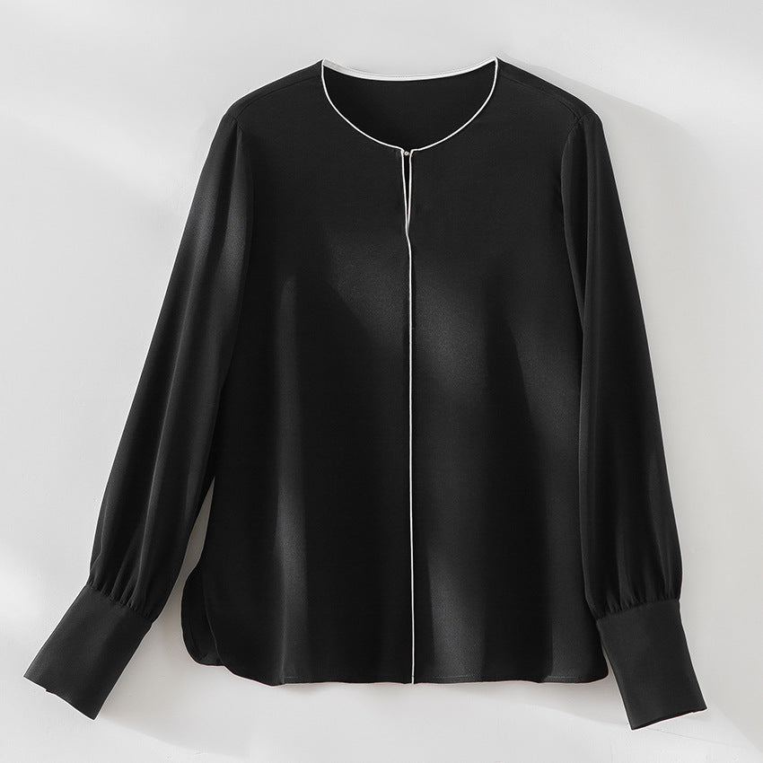 Damen Elegante seidenähnliche Bluse mit Kontrastpaspel und verlängerten Manschetten Nord Taschen