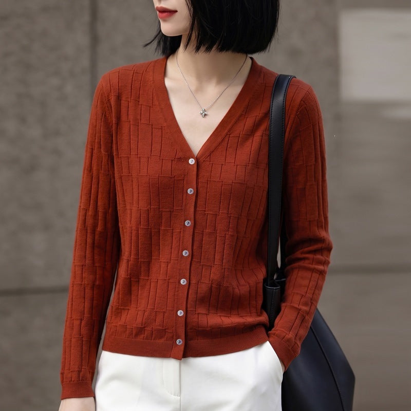 Damen V‑Ausschnitt-Feinstrickcardigan mit strukturierter Blockoptik und durchgehender Knopfleiste Nord Taschen