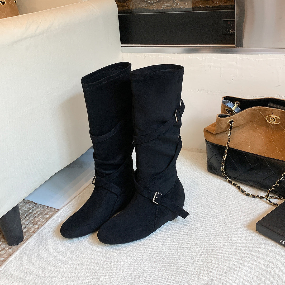 Damen Kniehohe Velourslederstiefel mit Wickelriemen und flachem Keilabsatz Nord Taschen