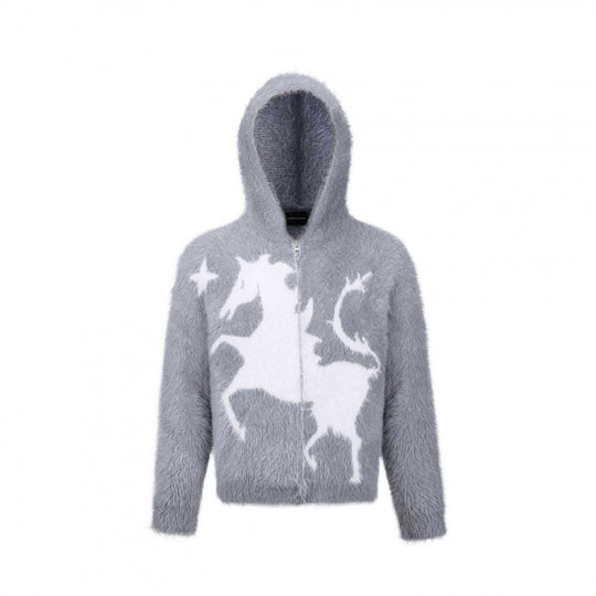 Unisex Flauschiger Kapuzenpullover mit Einhorn-Motiv und durchgehendem Reißverschluss Nord Taschen