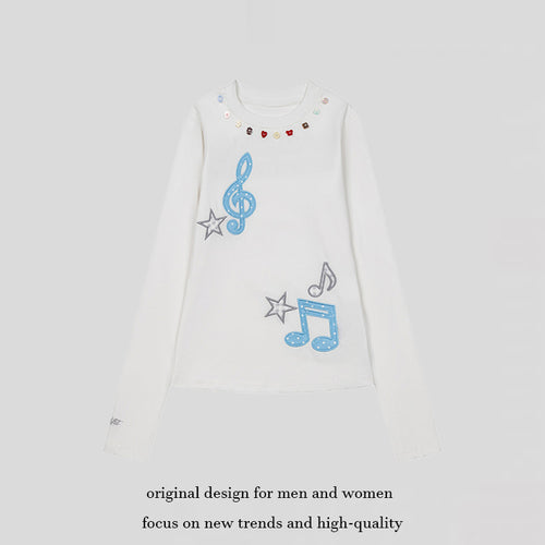 Damen Langarmshirt mit Paillettenkragen und Musiknoten-Applikationen Nord Taschen