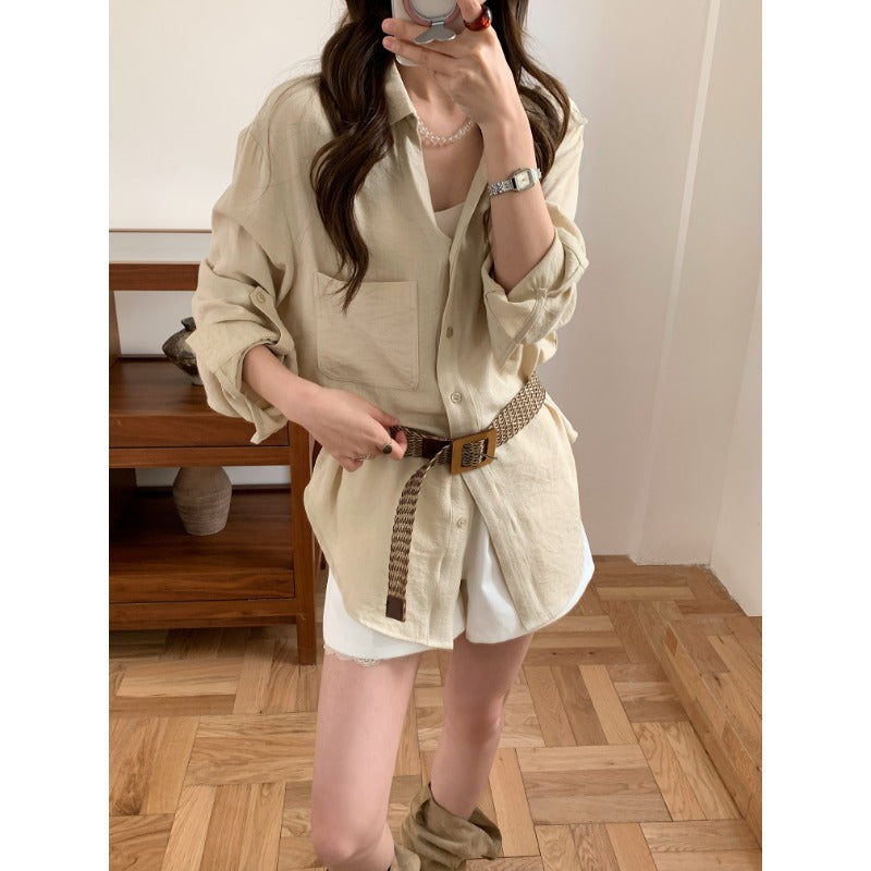 Damen Lässiges Leinenoptik-Longshirt mit Oversize-Schnitt und Brusttasche Nord Taschen