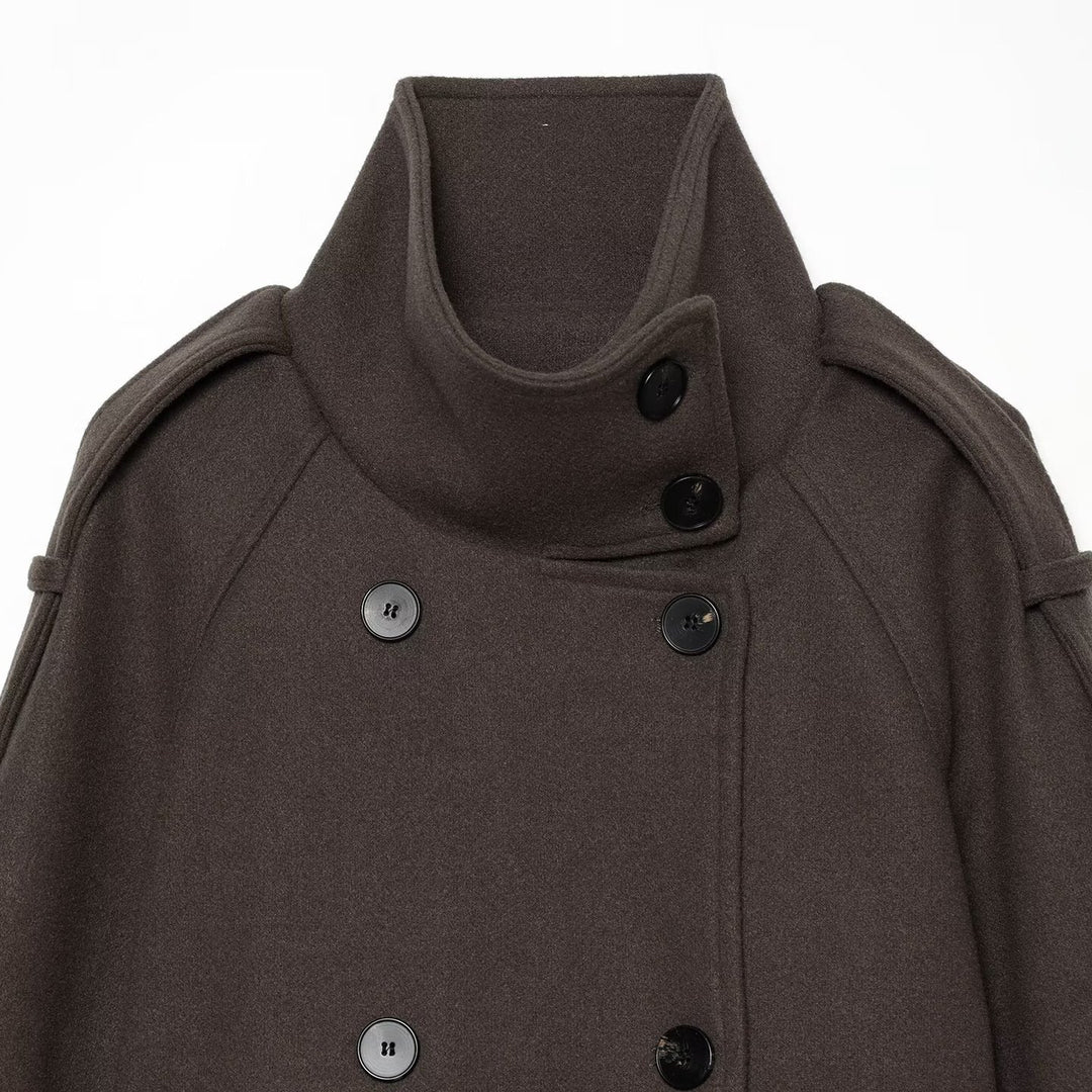 Damen Kurze Capejacke aus Wollmix mit hohem Stehkragen, Doppelreihe und Bindegürtel Nord Taschen