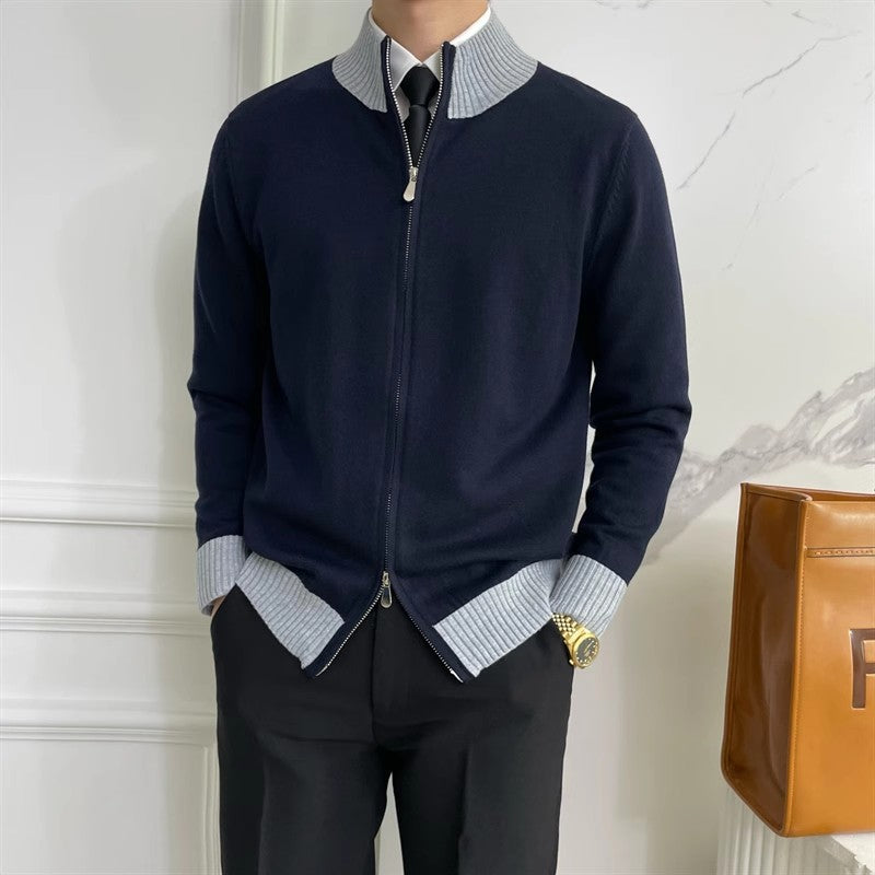 Herren Reißverschluss-Feinstrick-Cardigan mit Stehkragen und geripptem Saum Nord Taschen