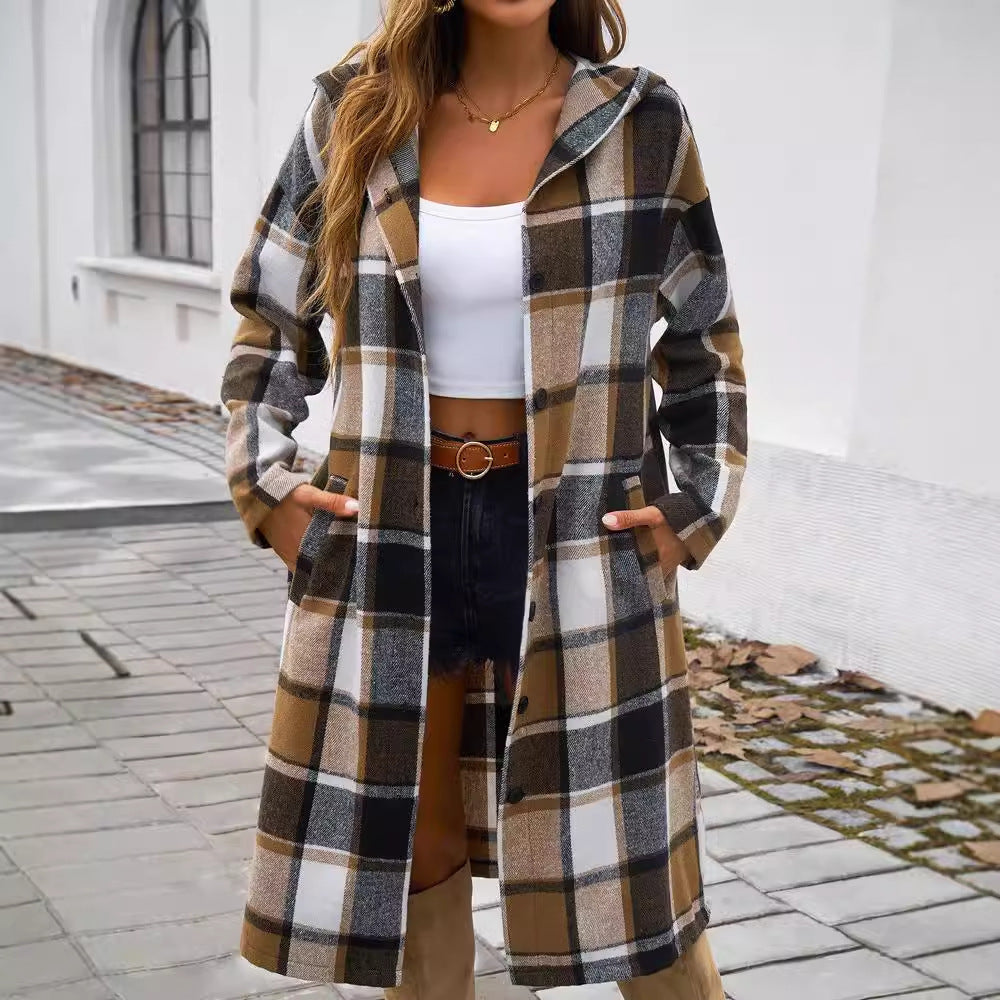 Damen Karomuster Longjacke mit Kapuze