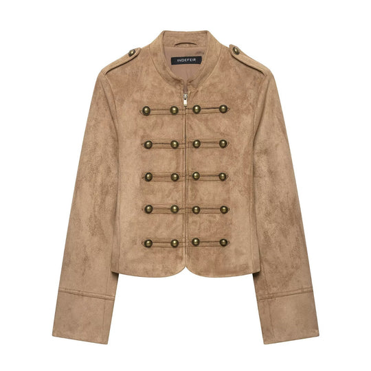 Damen Kurzjacke im Military‑Stil mit Stehkragen und Zierknopf‑Detail Nord Taschen