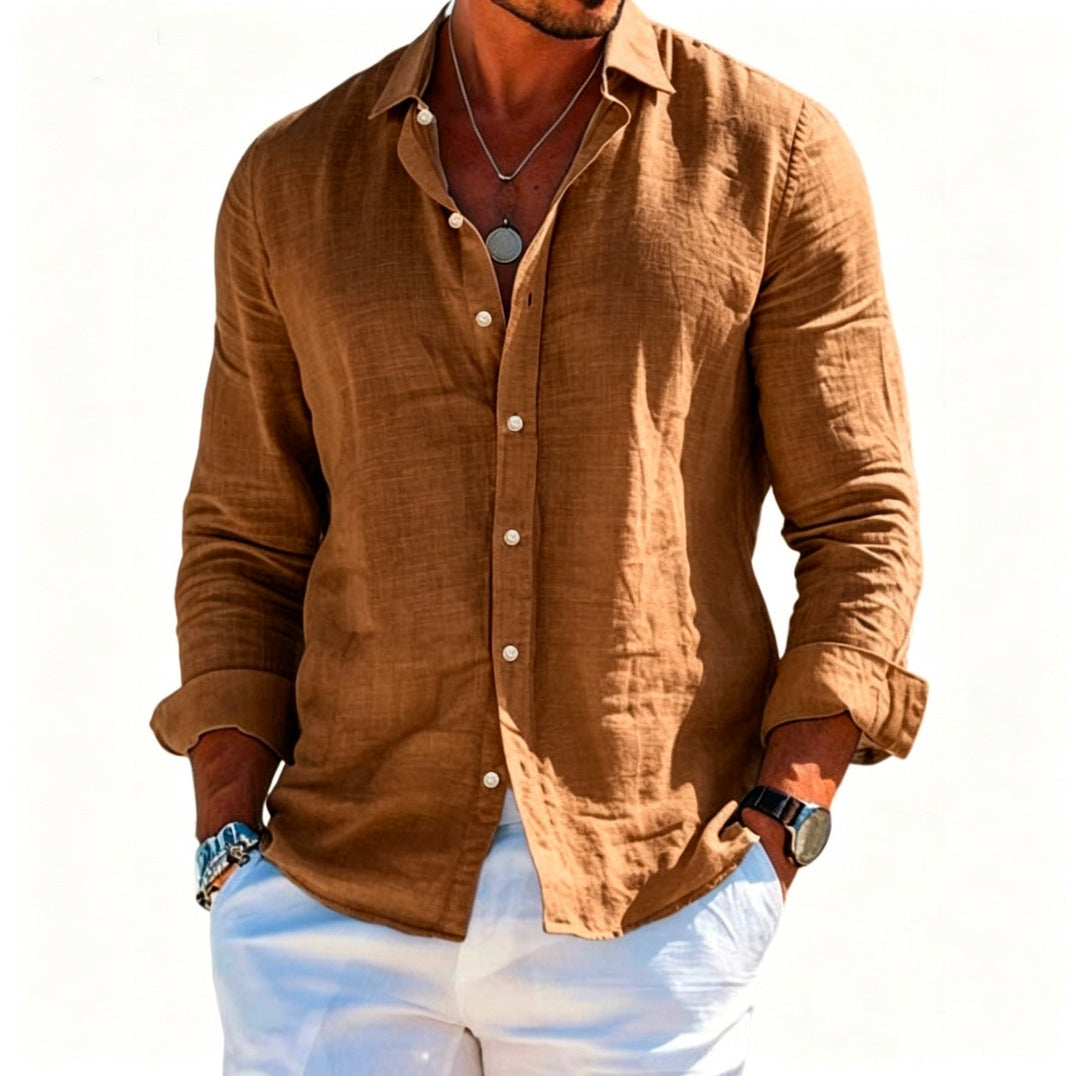 Herren nan strukturiertes Leinenhemd mit offenem Hemdkragen, leichter Textur und lässig-tailored Passform - Arvani