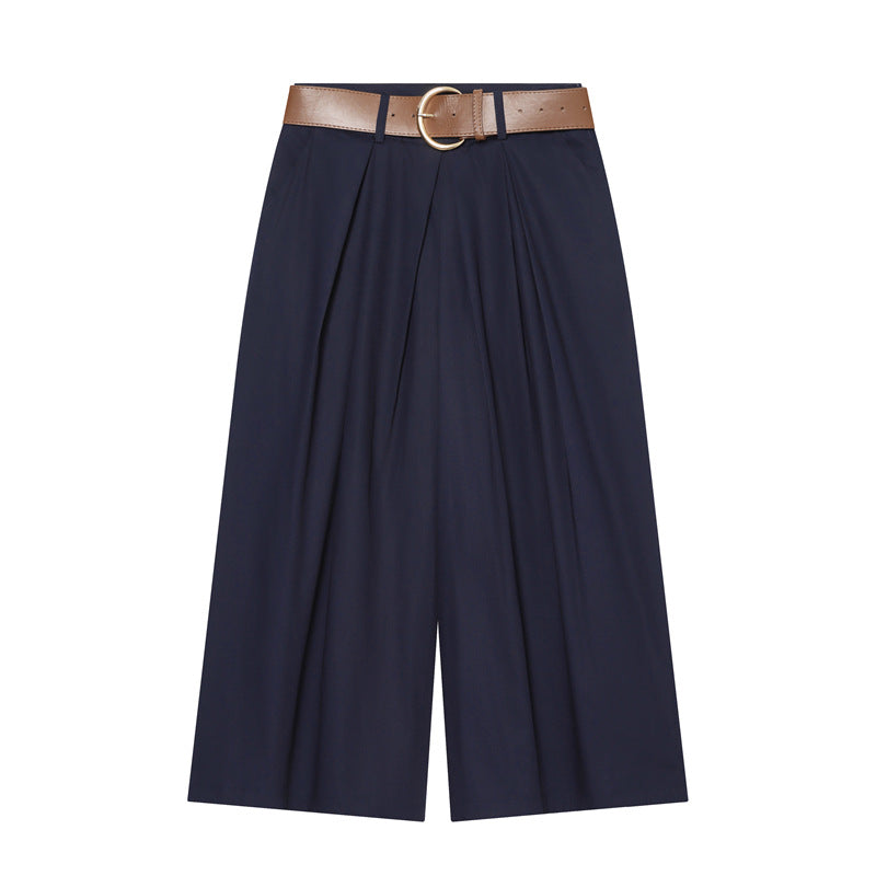 Damen Hochtaillierte Culotte-Hose mit weitem Bein, Kellerfalten und Rundbuckel-Gürtel Nord Taschen