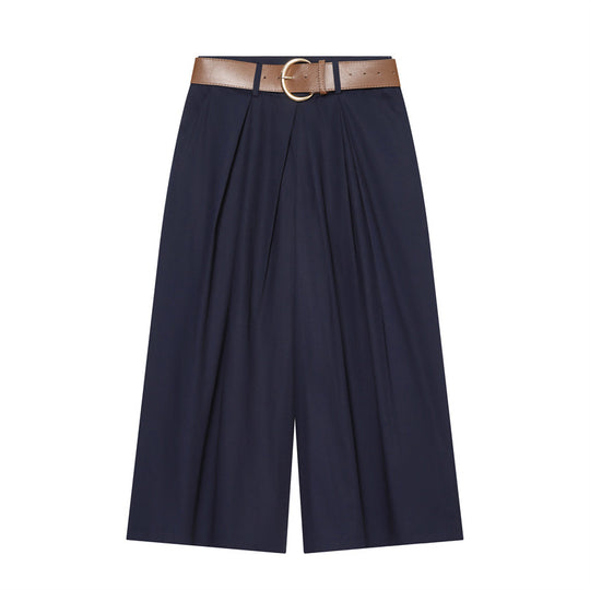 Damen Hochtaillierte Culotte-Hose mit weitem Bein, Kellerfalten und Rundbuckel-Gürtel Nord Taschen