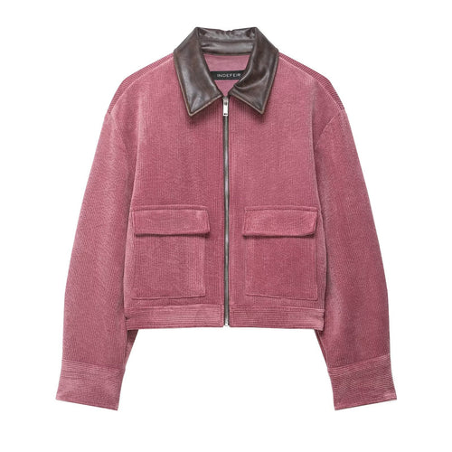 Damen Kurze Cord-Collegejacke mit Kunstlederkragen und aufgesetzten Pattentaschen Nord Taschen