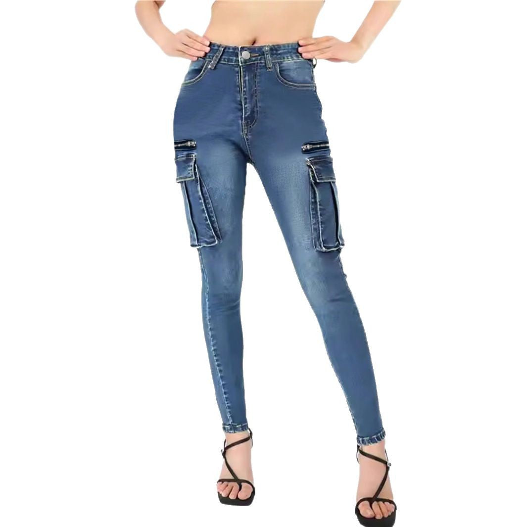 Damen High‑Waist Slim‑Cargo‑Jeans mit Klappentaschen und Reißverschluss-Details Nord Taschen