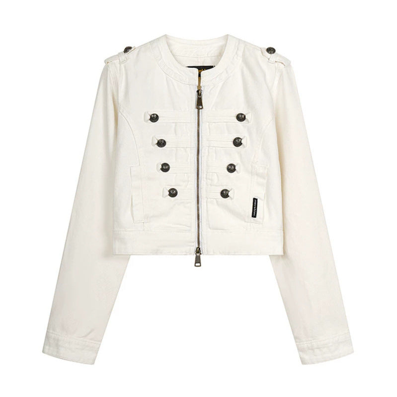 Damen Cropped-Denimjacke im Military‑Stil mit Zierknopfleisten Nord Taschen