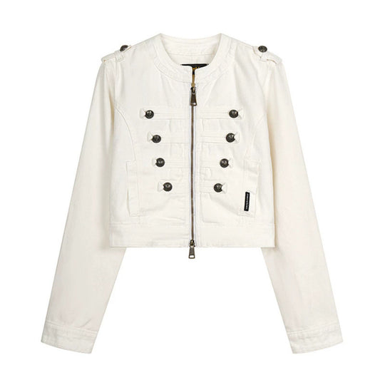 Damen Cropped-Denimjacke im Military‑Stil mit Zierknopfleisten Nord Taschen