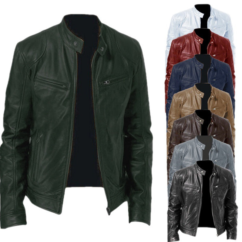 Herren schlanke Echtleder-Bikerjacke mit Stehkragen, zwei Brust-Reißverschlusstaschen und geradliniger Silhouette Nord Taschen