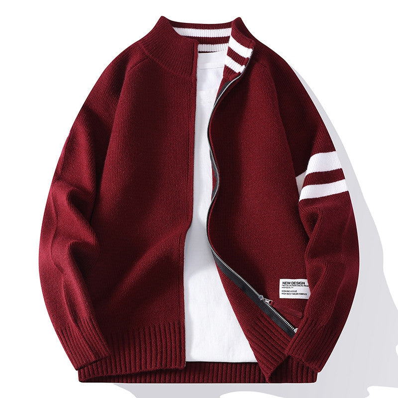 Herren gestrickte Zip-Cardigan im College-Stil mit gestreiftem Ärmelband und geripptem Stehkragen Nord Taschen