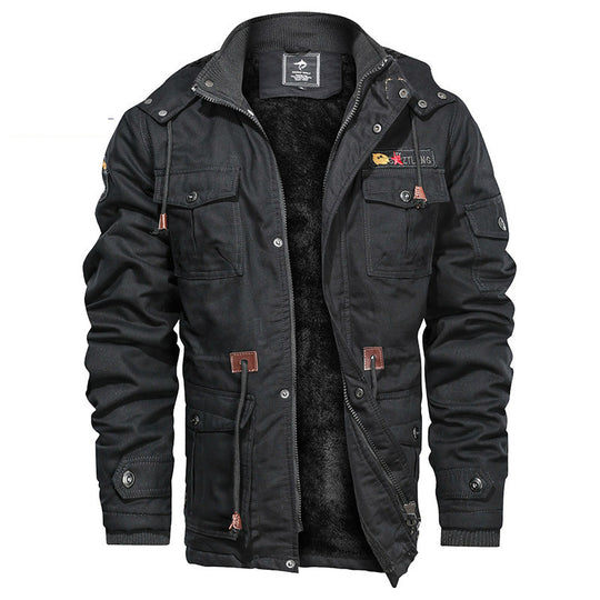 Herren Militärinspirierte Canvas-Fieldjacke mit Kapuze, Kordzug‑Taille und Fleece‑Innenfutter Nord Taschen