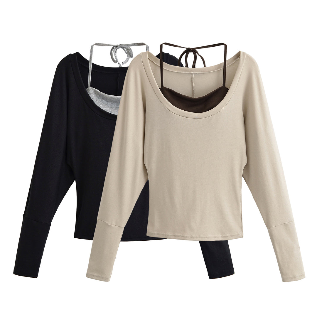 Damen Lagen-Langarmshirt mit integriertem Spaghettiträger-Cami und weitem Rundhals Nord Taschen