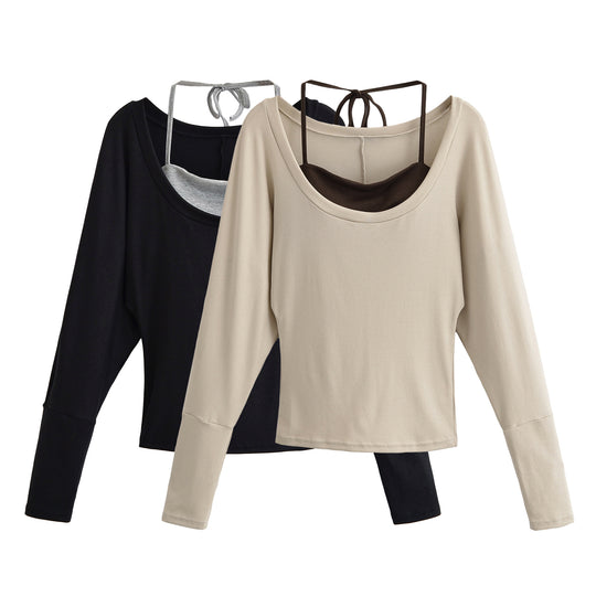 Damen Lagen-Langarmshirt mit integriertem Spaghettiträger-Cami und weitem Rundhals Nord Taschen