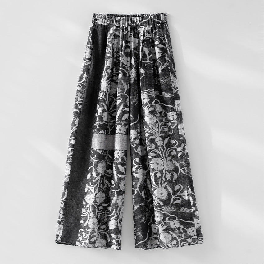 Damen Weite Leinenmix-Hose mit Elastikbund, Palazzoschnitt und ornamentalem Print Nord Taschen