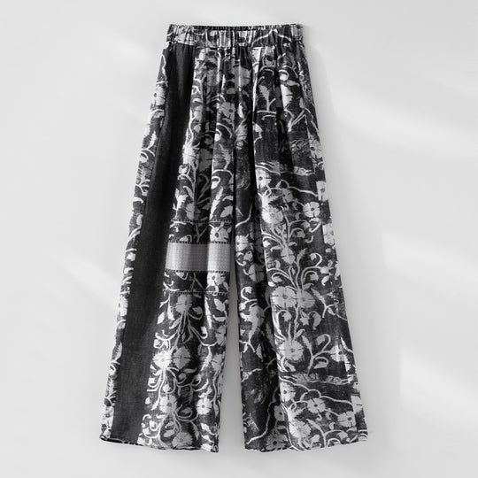 Damen Weite Leinenmix-Hose mit Elastikbund, Palazzoschnitt und ornamentalem Print Nord Taschen