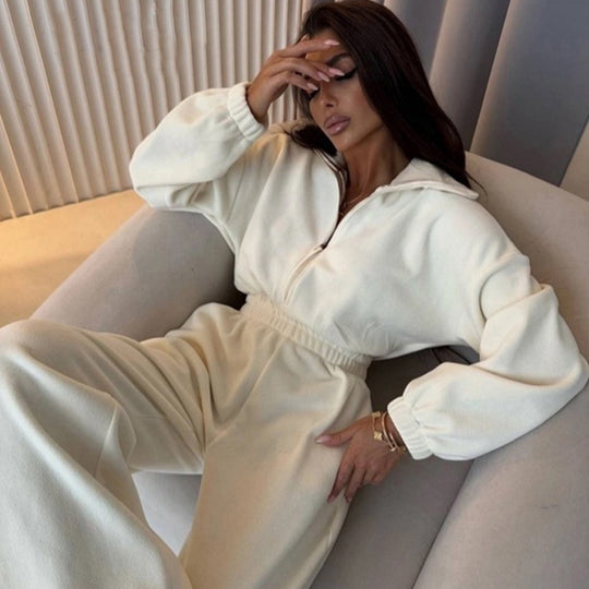 Damen eleganter Lounge-Overall mit elastischer Taillenpartie, Stehkragen, Reißverschluss und weitem Bein Nord Taschen