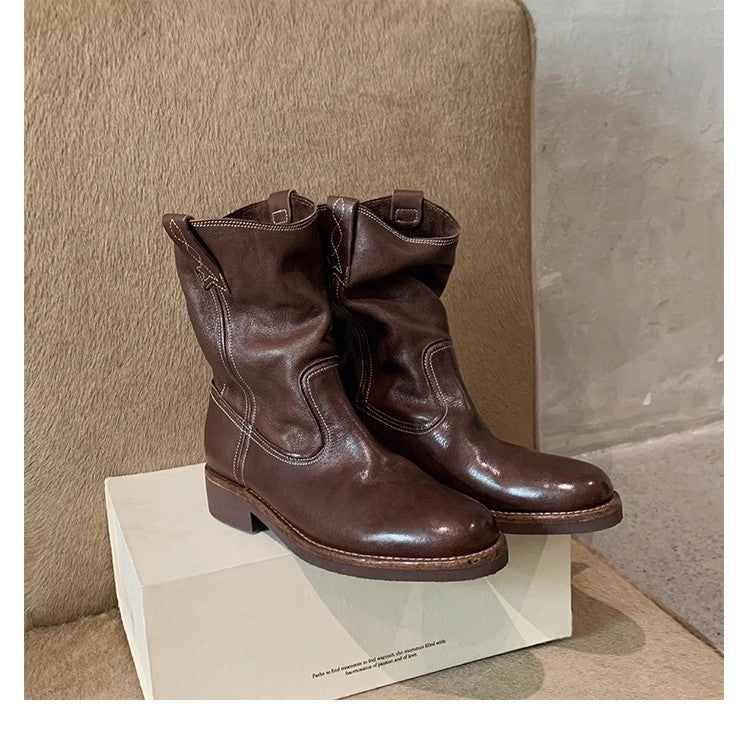 Damen Mid‑Calf Slouch Western‑Stiefel aus Glattleder mit Zuglaschen und profilierter Laufsohle Nord Taschen