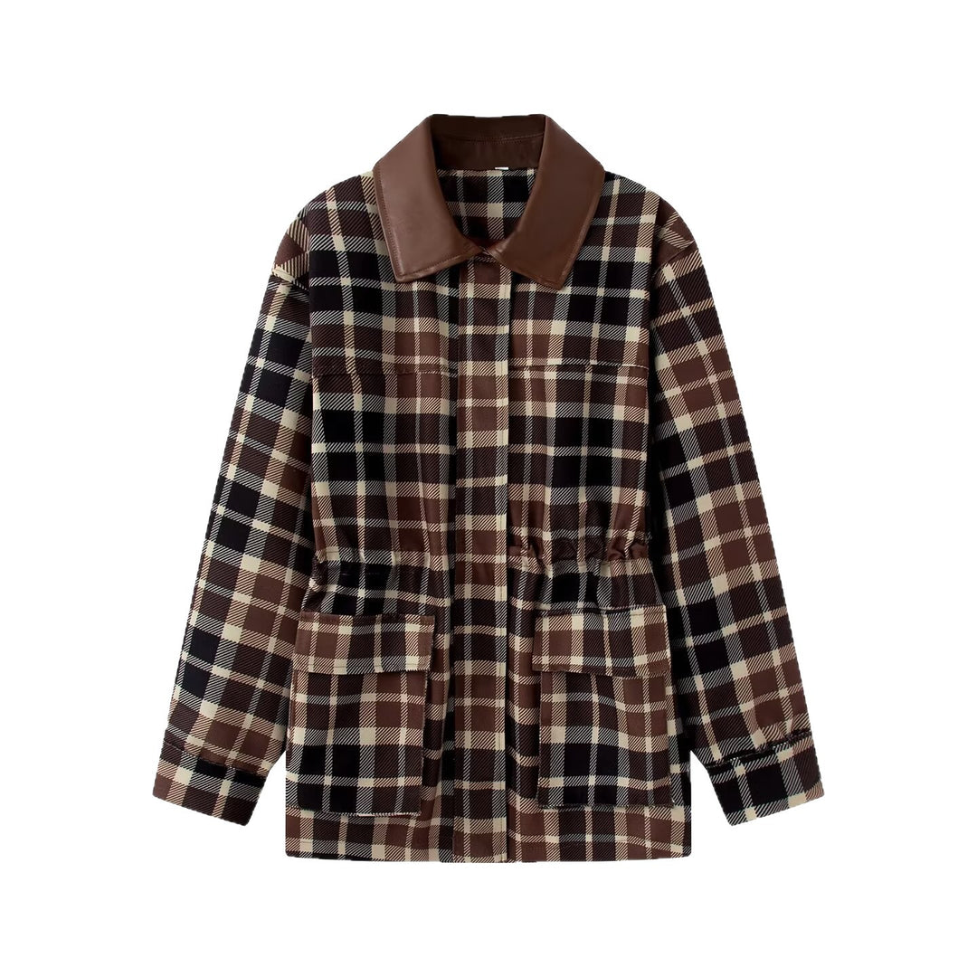 Damen Kariertes Overshirt‑Mantel mit Kunstlederkragen und Taillen‑Tunnelzug Nord Taschen