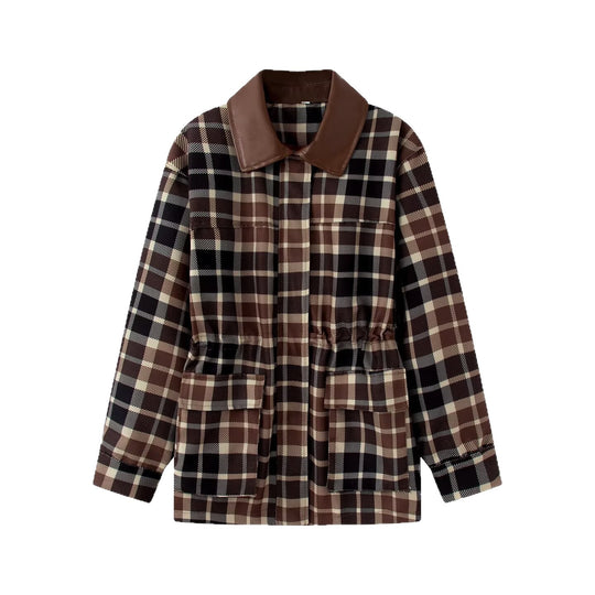 Damen Kariertes Overshirt‑Mantel mit Kunstlederkragen und Taillen‑Tunnelzug Nord Taschen
