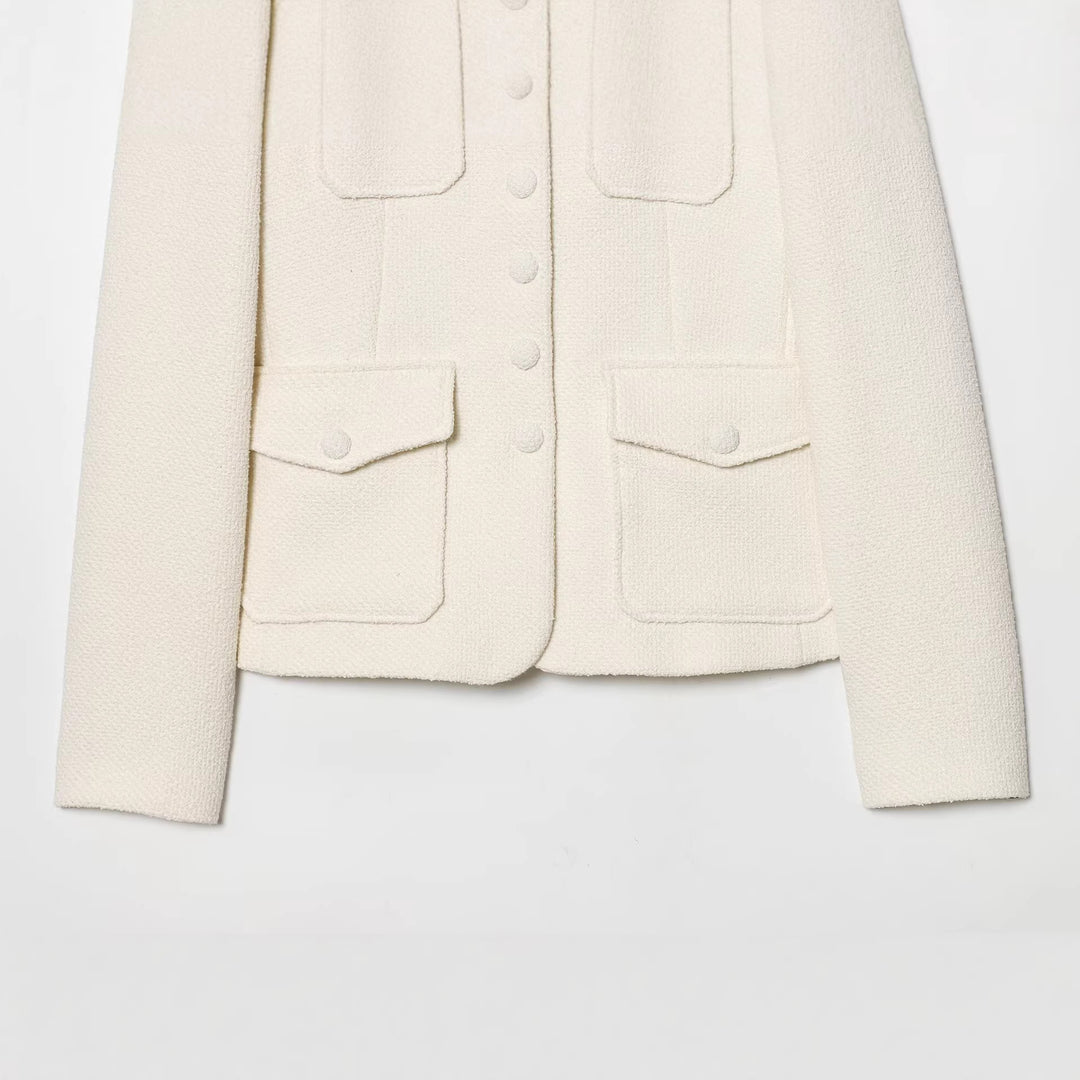 Damen Bouclé-Cropped-Jacke mit Stehkragen, bezogenen Knöpfen und aufgesetzten Pattentaschen Nord Taschen