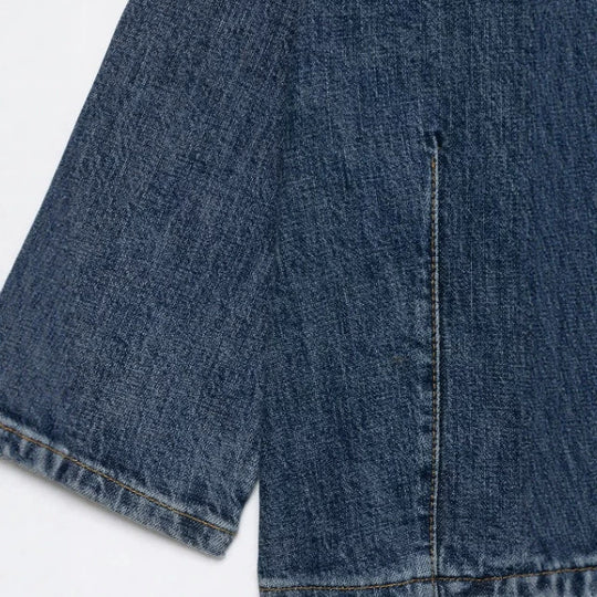 Damen Boxy Cropped Denimjacke mit Mandarin-Kragen, asymmetrischer Knopfblende und Fransenabschluss Nord Taschen
