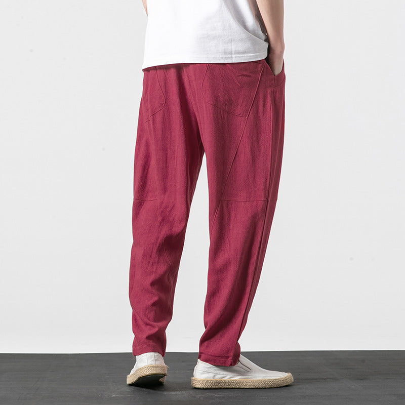 Herren Weiche Leinenmix-Loungehose mit tiefem Schritt, elastischem Bund und taillierter Beinverjüngung Nord Taschen