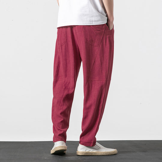 Herren Weiche Leinenmix-Loungehose mit tiefem Schritt, elastischem Bund und taillierter Beinverjüngung Nord Taschen