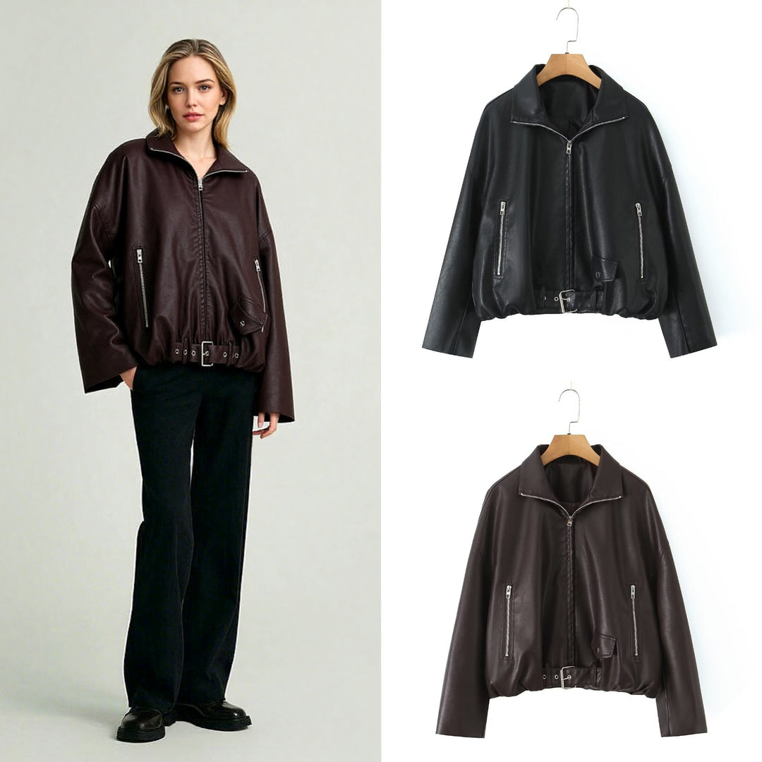 Damen Kurz geschnittene Oversize-Lederjacke im Bomberstil mit Reißverschlusstaschen und Taillengürtel Nord Taschen